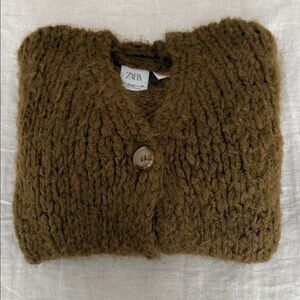 ZARA Olive Green-Brown Chunky Knit V-Neck Cardigan
